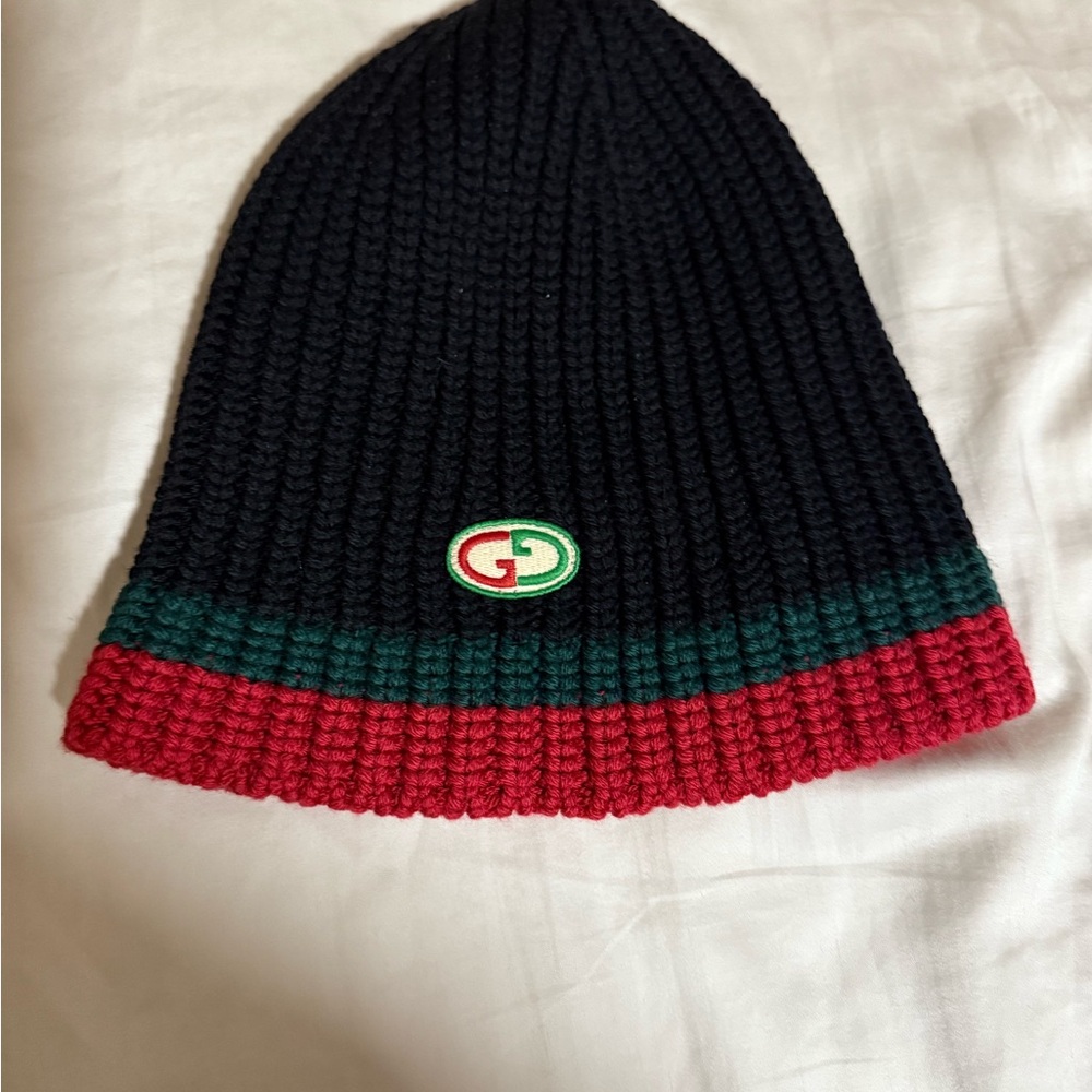 Gucci Black Beanie with Red and Green Accents